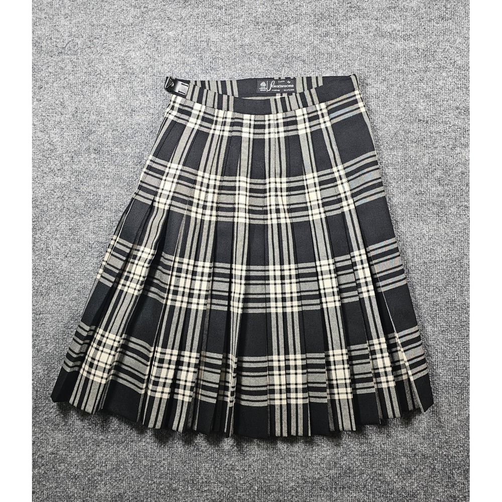 Strathmore Pleated Wool Kilt Kids Sz. 10-12 25" Waist Or Less Black Tartan Plaid
